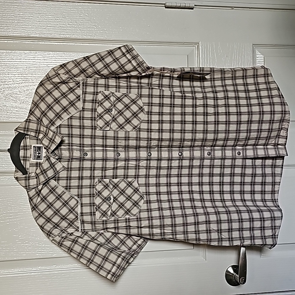 Converse One Star Plaid Pearl Snap Button Down Short Sleeve Shirt Cream Gray XL